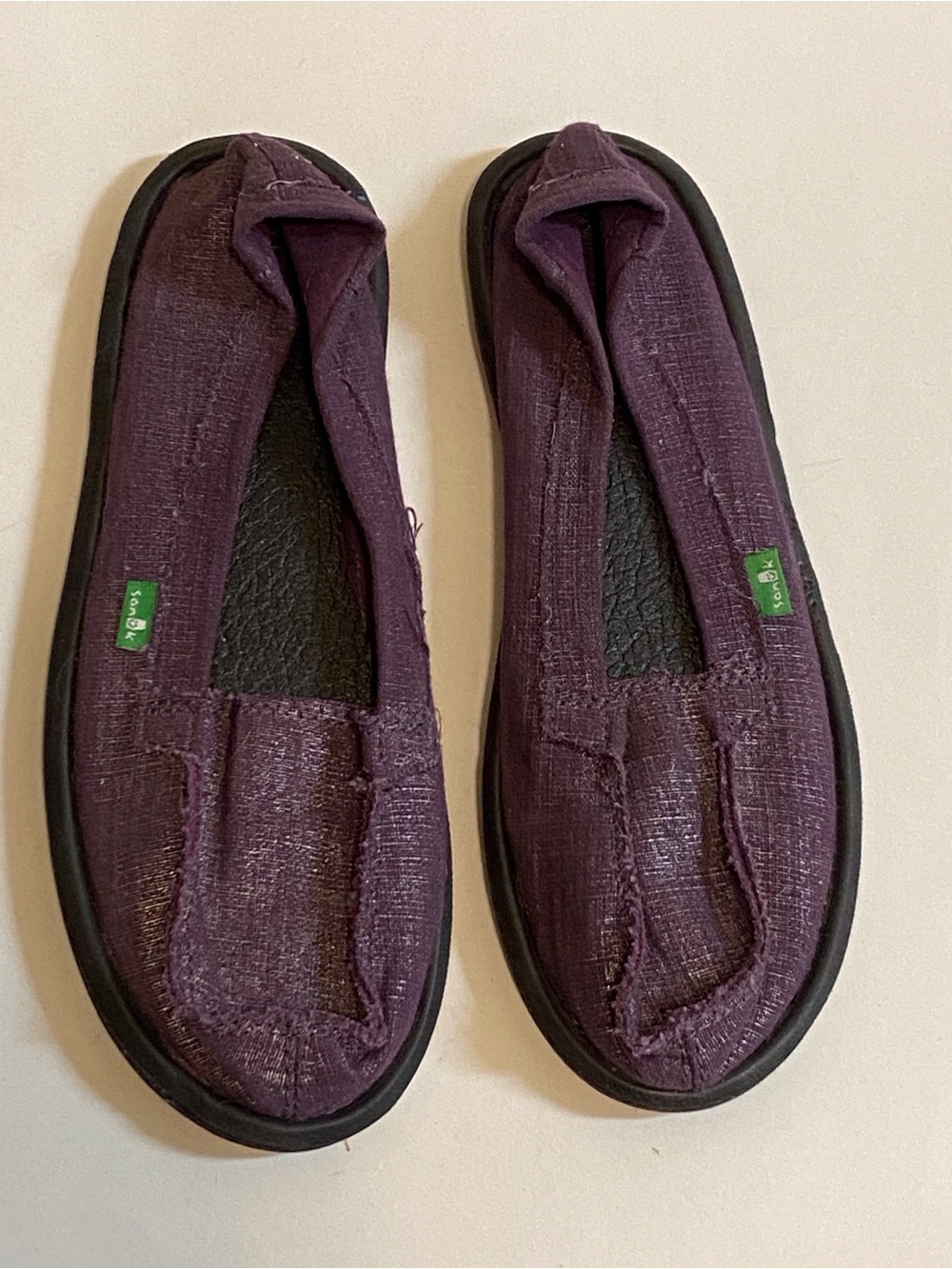 Sanuk Plum Canvas Slip-On Shoes with Green Logo Tab